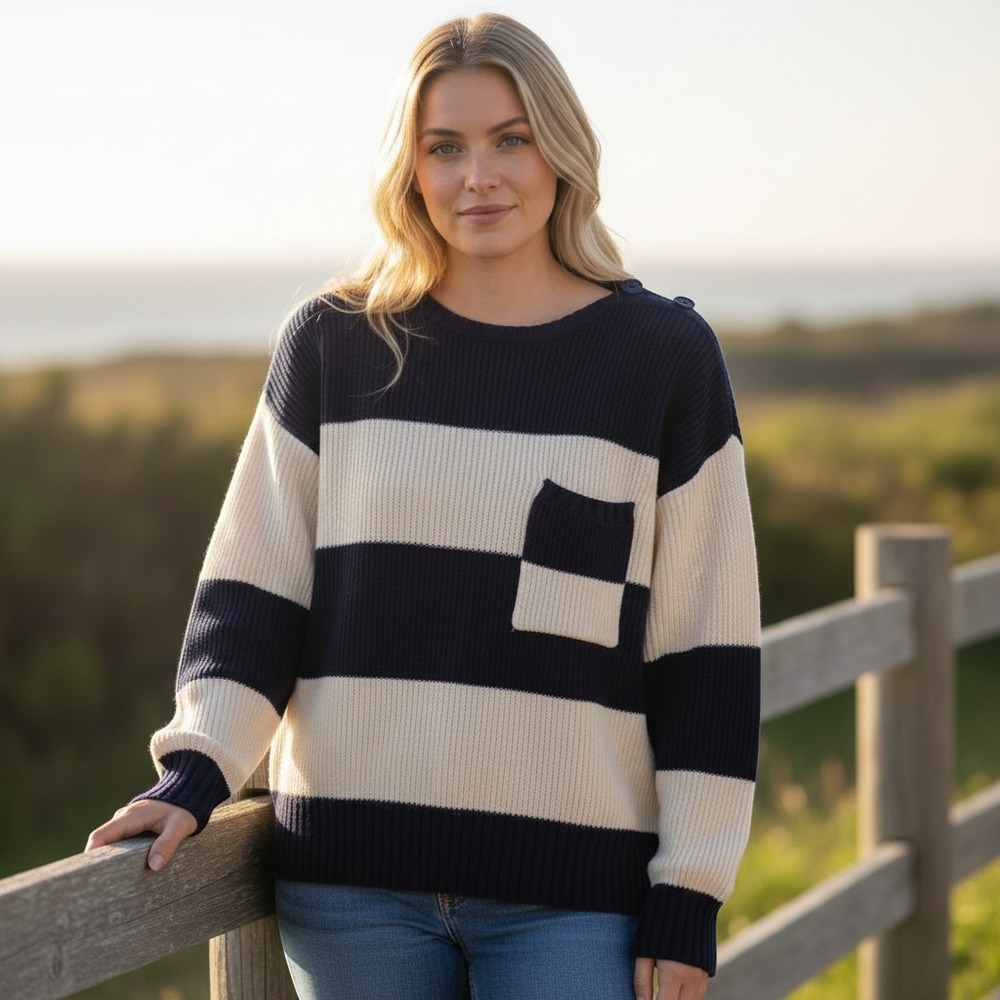 Lizsport Sweater Womens M Petite Navy Cream Striped Button Shoulder Nautical 90s